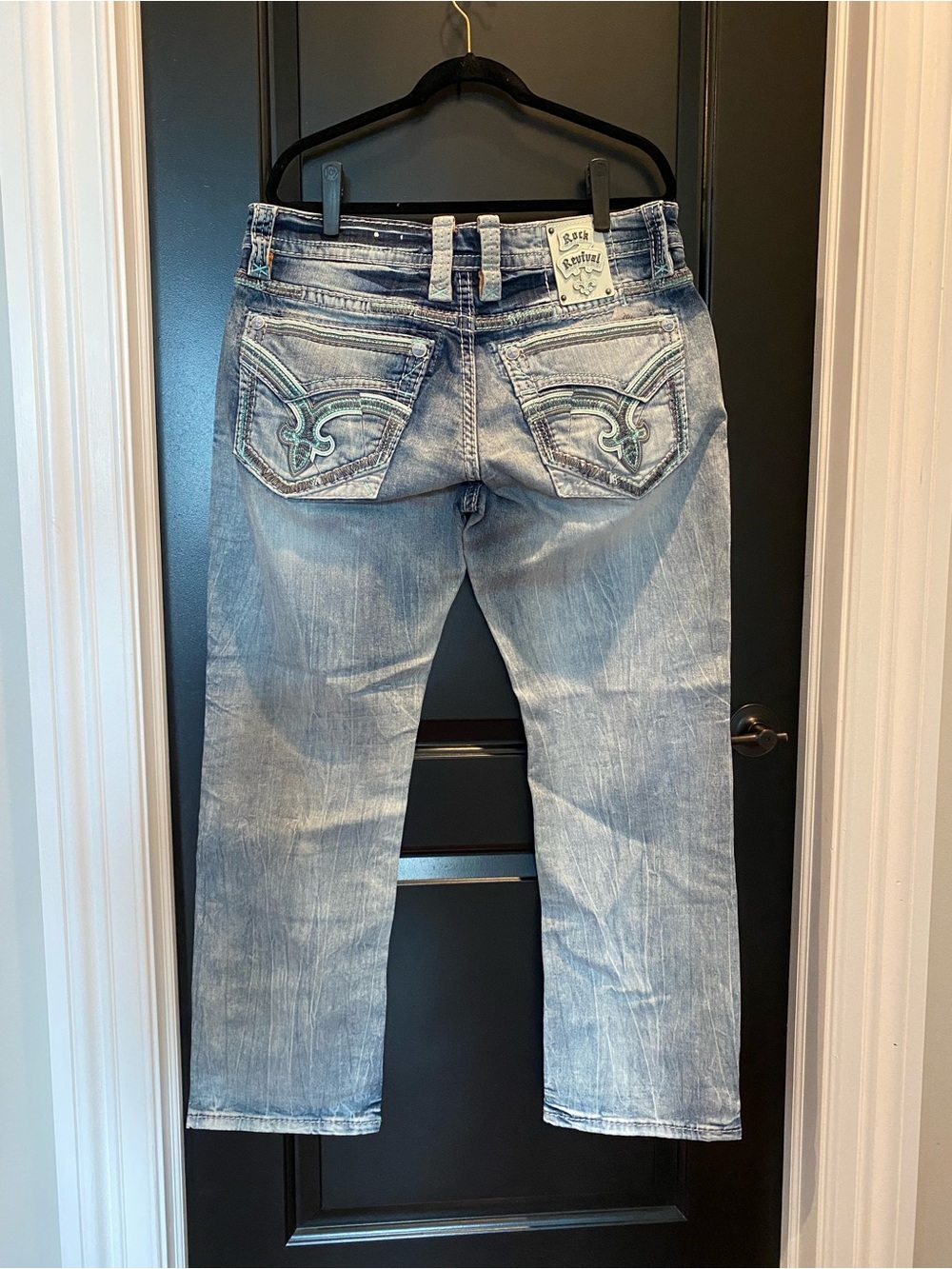Rock Revival Romer Men’s Light Blue Straight Jeans with Embroidered Back Pockets